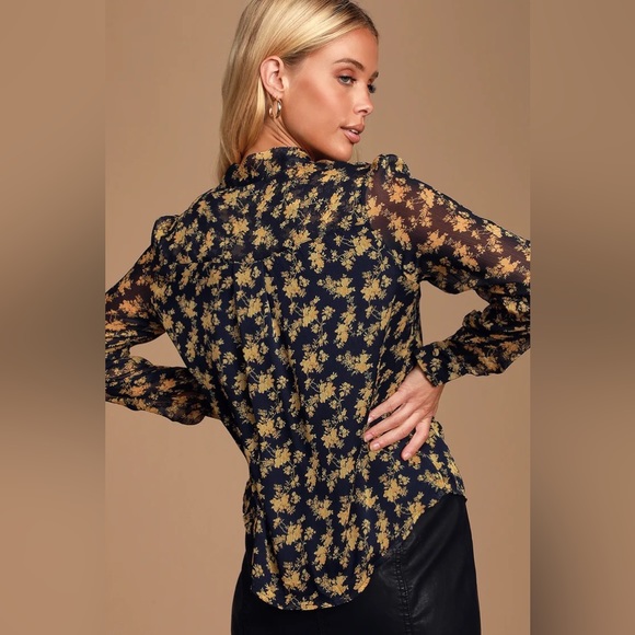 Lulus Lanae Navy Blue and Yellow Floral Print Button-Up Top - Picture 4 of 7